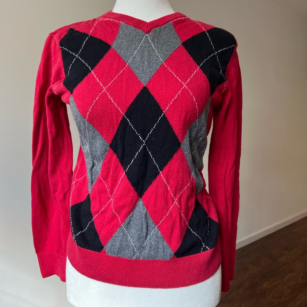 Red argyle sweater